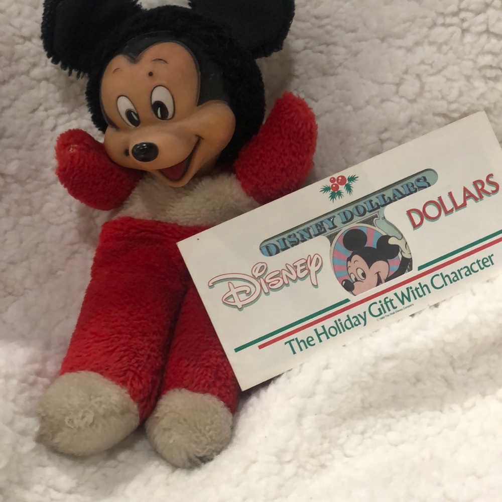 Disney Mickey Mouse Red and Black Stuffed Animal, and Disney dollar